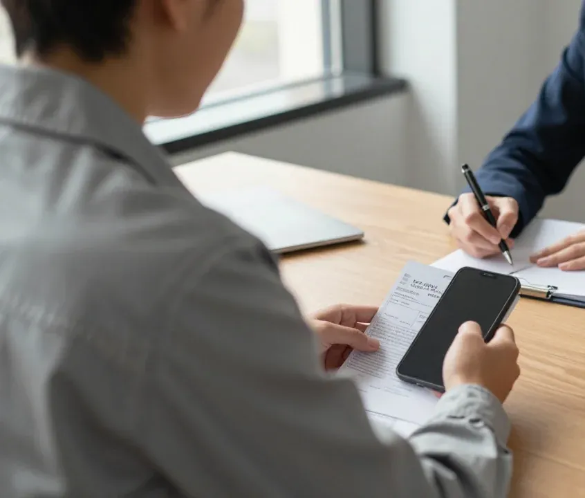 Trabalhador com celular e holerite em uma conversa de orientação